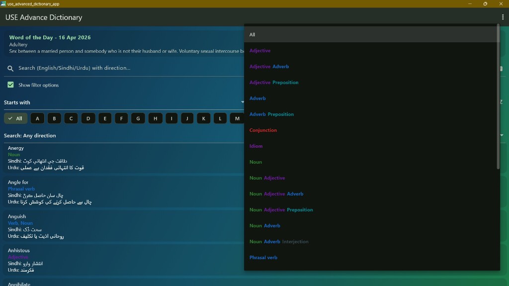 Filter panel with alphabetical and part-of-speech options