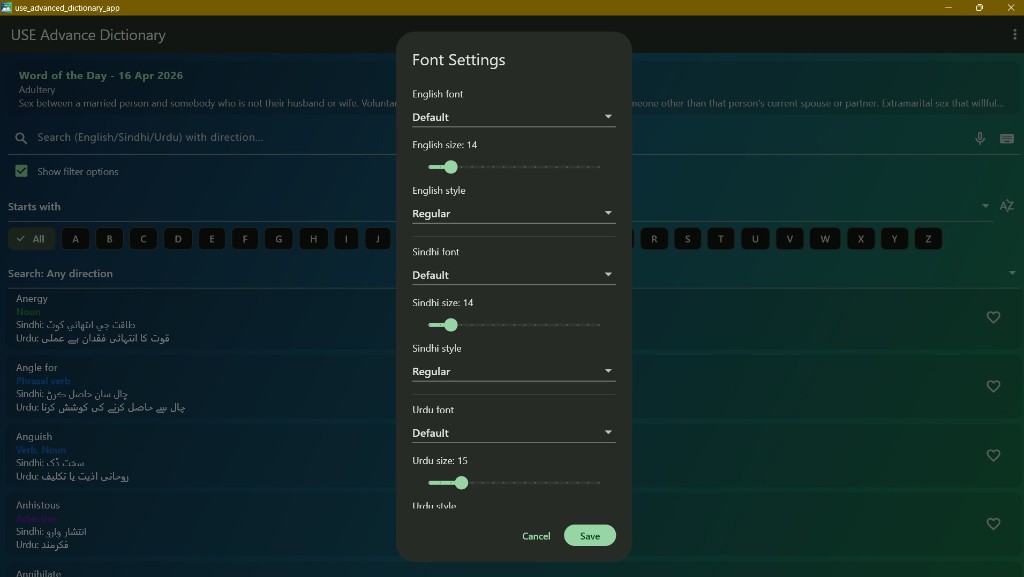 Font settings popup for English Sindhi and Urdu text
