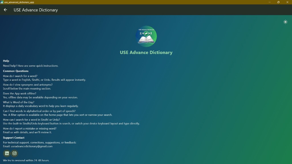 Help page with common questions and support contact details