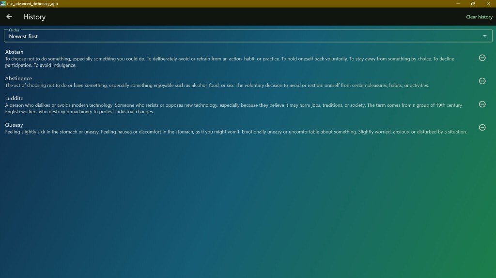 History page showing recently viewed words and definitions