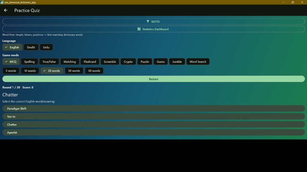 Practice quiz mode with multiple game options